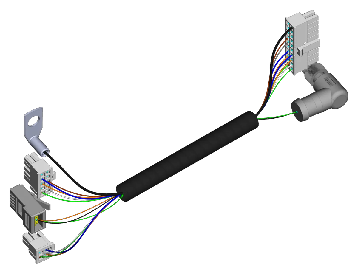 CAD-Modell eines Kabelsatzes: umwickelter Strang mit Steckverbindern, Ringkabelschuh und Winkelstecker