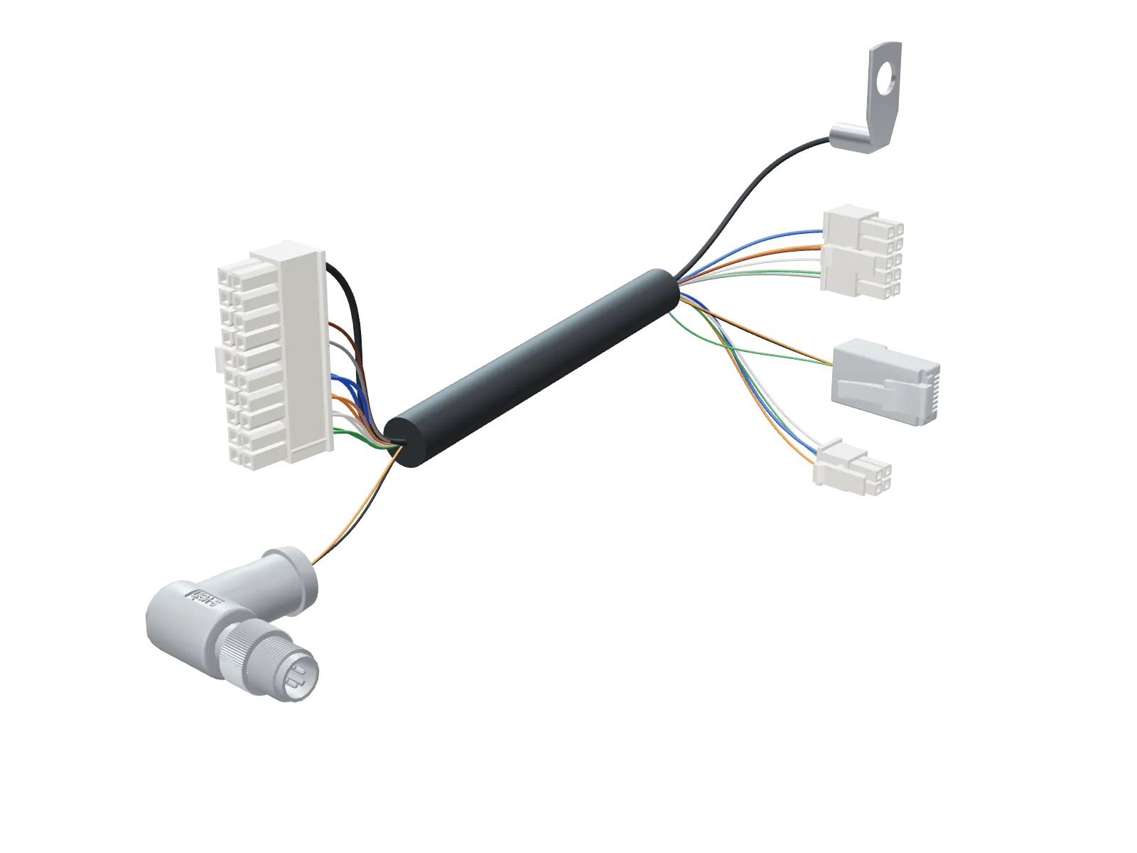 3D-Modell eines Kabelsatzes von e-vein: Ummantelung mit farbigen Adern, mehrpoligem Steckverbinder, gewinkeltem Rundsteckverbinder, RJ45-Stecker und Ringkabelschuh